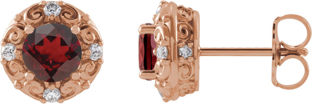14K Gold Natural Mozambique Garnet & Natural Diamond Round 4-Prong Halo-Style Earrings – 4-6mm Stones - Rose Gold