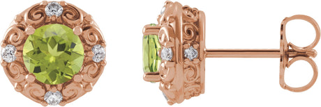 14K Gold Natural Peridot & Natural Diamond Round 4-Prong Halo-Style Earrings – 4-6mm Stones - Rose Gold