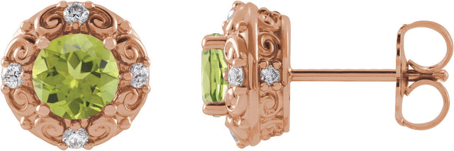 14K Gold Natural Peridot & Natural Diamond Round 4-Prong Halo-Style Earrings – 4-6mm Stones - Rose Gold