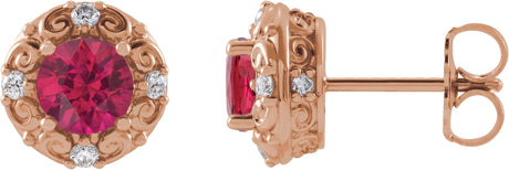 14K Gold Lab-Grown Ruby & Natural Diamond Round 4-Prong Halo-Style Earrings II - Rose Gold