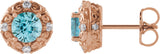 14K Gold Natural Blue Zircon & Natural Diamond Round 4-Prong Halo-Style Earrings - Rose Gold