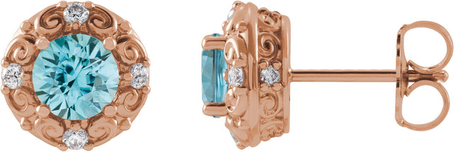 14K Gold Natural Blue Zircon & Natural Diamond Round 4-Prong Halo-Style Earrings - Rose Gold