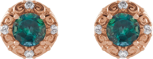 14K Gold Lab-Grown Alexandrite & Natural Diamond Round 4-Prong Halo-Style Earrings – 4-6mm Stones - Rose Gold - view 2