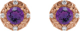 14K Gold Natural Amethyst & Natural Diamond Round 4-Prong Halo-Style Earrings – 4-6mm Stones - Rose Gold - view 2
