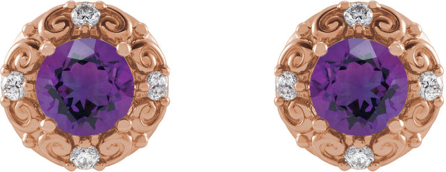 14K Gold Natural Amethyst & Natural Diamond Round 4-Prong Halo-Style Earrings – 4-6mm Stones - Rose Gold - view 2