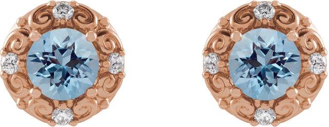 14K Gold Natural Aquamarine & Natural Diamond Round 4-Prong Halo-Style Earrings – 4-6mm Stones - Rose Gold - view 2
