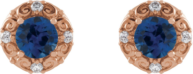 14K Gold Natural Blue Sapphire & Natural Diamond Round 4-Prong Halo-Style Earrings – 4-6mm Stones - Rose Gold - view 2