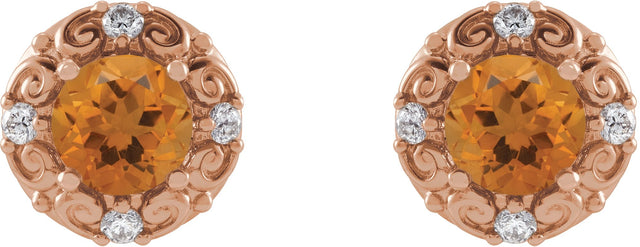 14K Gold Natural Citrine & Natural Diamond Round 4-Prong Halo-Style Earrings – 4-6mm Stones - Rose Gold - view 2