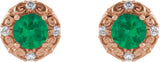 14K Gold Natural Emerald & Natural Diamond Round 4-Prong Halo-Style Earrings - Rose Gold - view 2