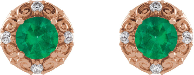14K Gold Natural Emerald & Natural Diamond Round 4-Prong Halo-Style Earrings - Rose Gold - view 2