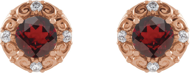 14K Gold Natural Mozambique Garnet & Natural Diamond Round 4-Prong Halo-Style Earrings – 4-6mm Stones - Rose Gold - view 2