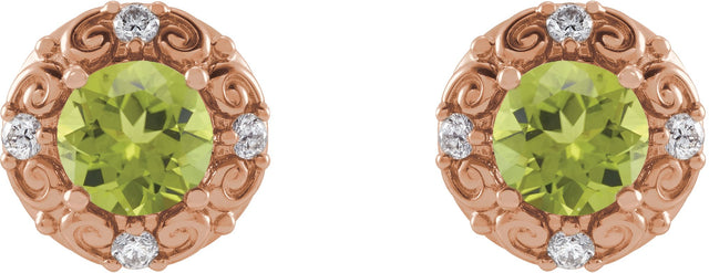 14K Gold Natural Peridot & Natural Diamond Round 4-Prong Halo-Style Earrings – 4-6mm Stones - Rose Gold - view 2