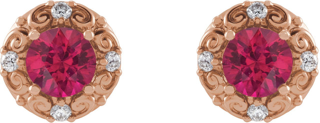 14K Gold Lab-Grown Ruby & Natural Diamond Round 4-Prong Halo-Style Earrings II - Rose Gold - view 2