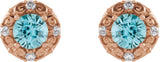 14K Gold Natural Blue Zircon & Natural Diamond Round 4-Prong Halo-Style Earrings - Rose Gold - view 2