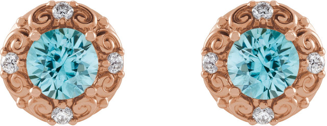 14K Gold Natural Blue Zircon & Natural Diamond Round 4-Prong Halo-Style Earrings - Rose Gold - view 2