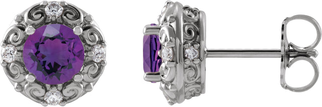 14K Gold Natural Amethyst & Natural Diamond Round 4-Prong Halo-Style Earrings – 4-6mm Stones - White Gold