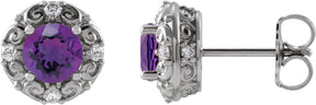 Platinum Natural Amethyst & Natural Diamond Round 4-Prong Halo-Style Earrings
