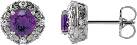 Platinum Natural Amethyst & Natural Diamond Round 4-Prong Halo-Style Earrings