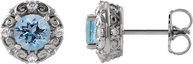 14K Gold Natural Aquamarine & Natural Diamond Round 4-Prong Halo-Style Earrings – 4-6mm Stones - White Gold
