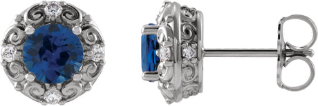 14K Gold Lab-Grown Blue Sapphire & Natural Diamond Round 4-Prong Halo-Style Earrings – 4-6mm Stones - White Gold