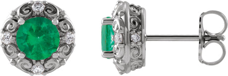 Platinum Lab-Grown Emerald & Natural Diamond Round 4-Prong Halo-Style Earrings