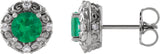 Platinum Natural Emerald & Natural Diamond Round 4-Prong Halo-Style Earrings
