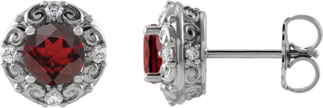 14K Gold Natural Mozambique Garnet & Natural Diamond Round 4-Prong Halo-Style Earrings – 4-6mm Stones - White Gold