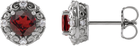 Platinum Natural Mozambique Garnet & Natural Diamond Round 4-Prong Halo-Style Earrings