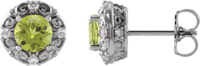 Platinum Natural Peridot & Natural Diamond Round 4-Prong Halo-Style Earrings