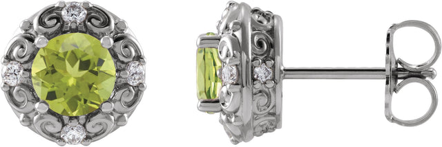 Platinum Natural Peridot & Natural Diamond Round 4-Prong Halo-Style Earrings