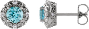 Platinum Natural Blue Zircon & Natural Diamond Round 4-Prong Halo-Style Earrings