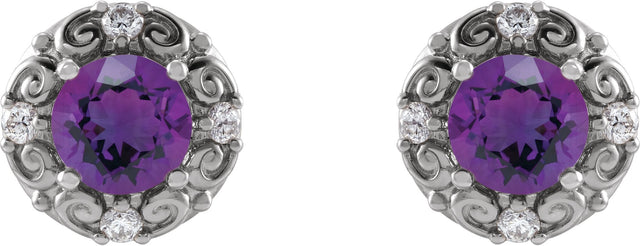 14K Gold Natural Amethyst & Natural Diamond Round 4-Prong Halo-Style Earrings – 4-6mm Stones - White Gold - view 2