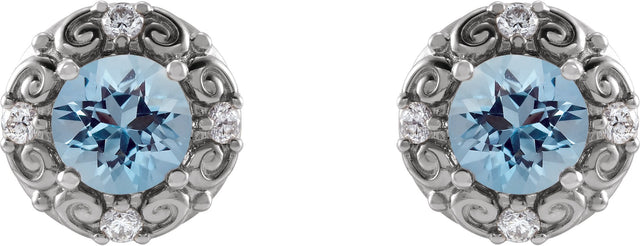 14K Gold Natural Aquamarine & Natural Diamond Round 4-Prong Halo-Style Earrings – 4-6mm Stones - White Gold - view 2