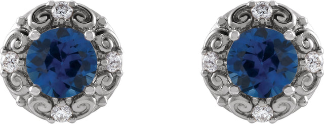 14K Gold Lab-Grown Blue Sapphire & Natural Diamond Round 4-Prong Halo-Style Earrings – 4-6mm Stones - White Gold - view 2