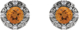 Platinum Natural Citrine & Natural Diamond Round 4-Prong Halo-Style Earrings - view 2