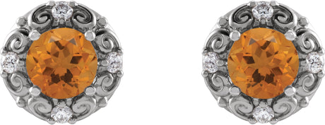 Platinum Natural Citrine & Natural Diamond Round 4-Prong Halo-Style Earrings - view 2