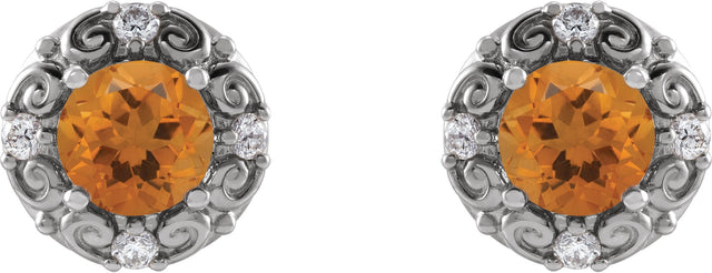 Platinum Natural Citrine & Natural Diamond Round 4-Prong Halo-Style Earrings - view 2