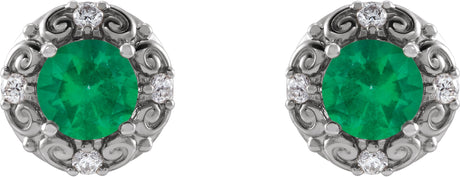 Platinum Lab-Grown Emerald & Natural Diamond Round 4-Prong Halo-Style Earrings - view 2