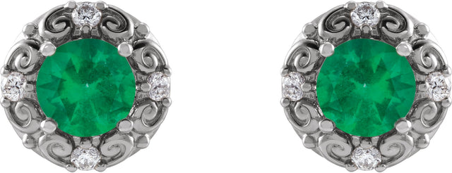14K Gold Lab-Grown Emerald & Natural Diamond Round 4-Prong Halo-Style Earrings – 4-6mm Stones - White Gold - view 2