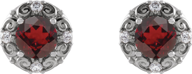 14K Gold Natural Mozambique Garnet & Natural Diamond Round 4-Prong Halo-Style Earrings – 4-6mm Stones - White Gold - view 2