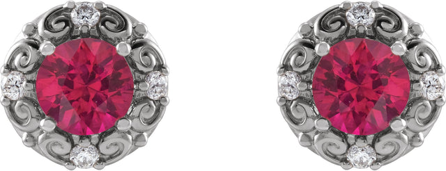Platinum Lab-Grown Ruby & Natural Diamond Round 4-Prong Halo-Style Earrings – 4-6mm Stones - view 2