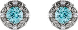 Platinum Natural Blue Zircon & Natural Diamond Round 4-Prong Halo-Style Earrings - view 2