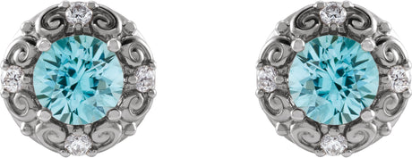 Platinum Natural Blue Zircon & Natural Diamond Round 4-Prong Halo-Style Earrings - view 2