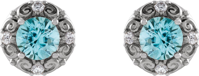 Platinum Natural Blue Zircon & Natural Diamond Round 4-Prong Halo-Style Earrings - view 2