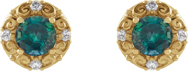 14K Gold Lab-Grown Alexandrite & Natural Diamond Round 4-Prong Halo-Style Earrings – 4-6mm Stones - Yellow Gold - view 2