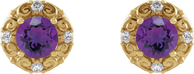 14K Gold Natural Amethyst & Natural Diamond Round 4-Prong Halo-Style Earrings – 4-6mm Stones - Yellow Gold - view 2