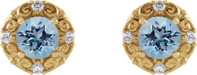 14K Gold Natural Aquamarine & Natural Diamond Round 4-Prong Halo-Style Earrings – 4-6mm Stones - Yellow Gold - view 2