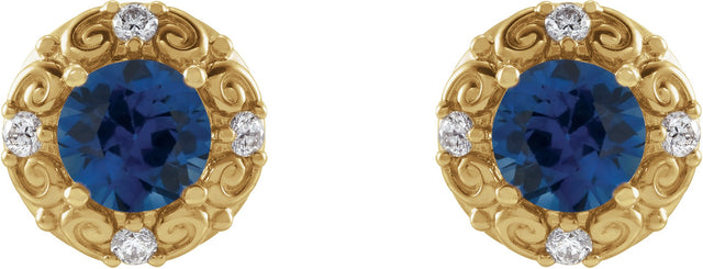 14K Gold Natural Blue Sapphire & Natural Diamond Round 4-Prong Halo-Style Earrings – 4-6mm Stones - Yellow Gold - view 2