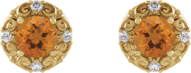 14K Gold Natural Citrine & Natural Diamond Round 4-Prong Halo-Style Earrings – 4-6mm Stones - Yellow Gold - view 2