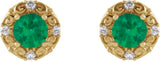 14K Gold Lab-Grown Emerald & Natural Diamond Round 4-Prong Halo-Style Earrings – 4-6mm Stones - Yellow Gold - view 2